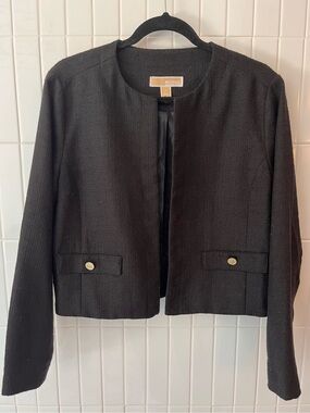 Michael Kors Black Bouclé Blazer Gold MK Hardware Collarless Chanel Style Large
